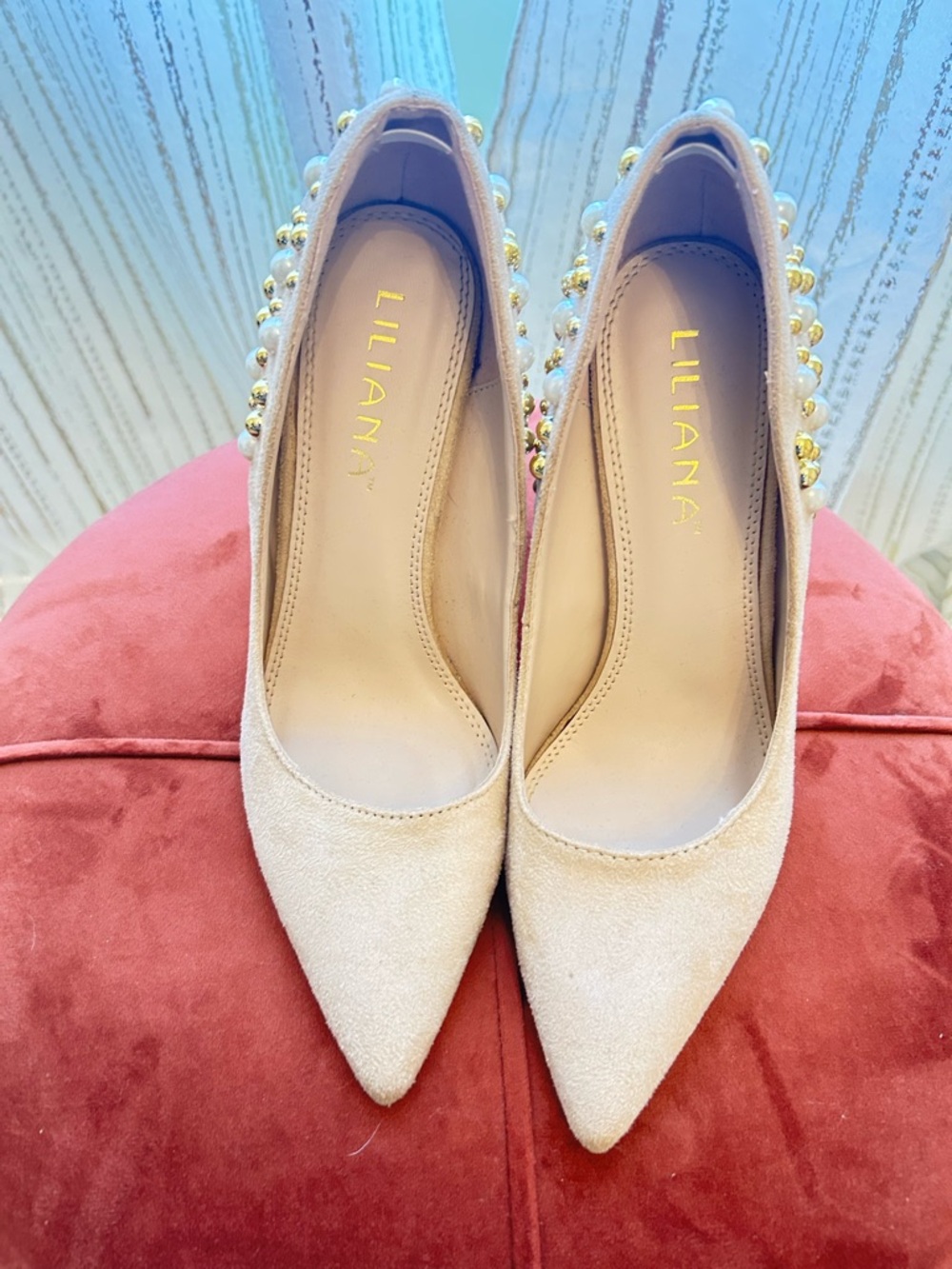 Liliana Cream Pointed-Toe Pumps with Gold Pearl Studs